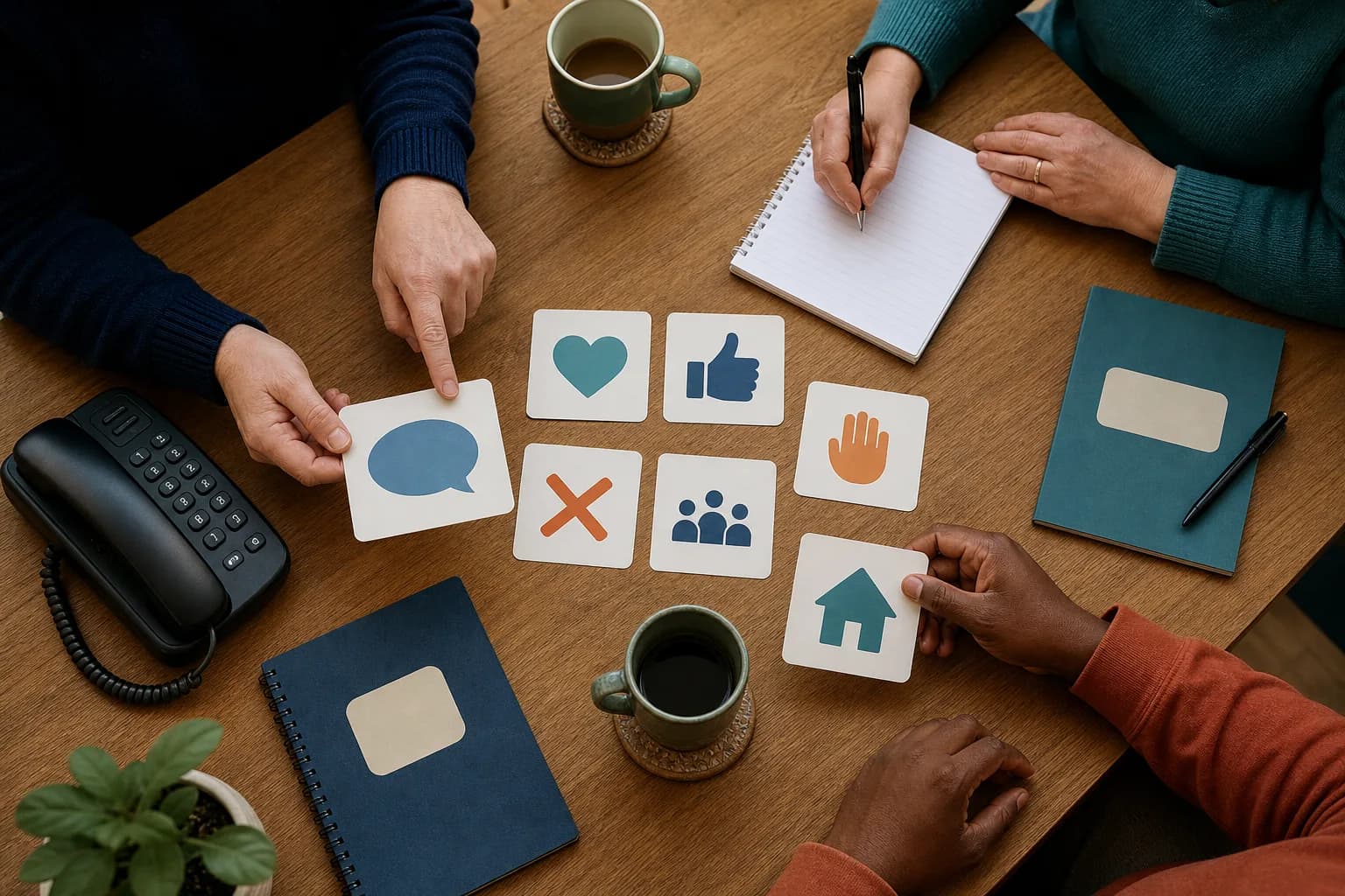 Hands using communication symbol cards, a telephone and a notebook around a community table