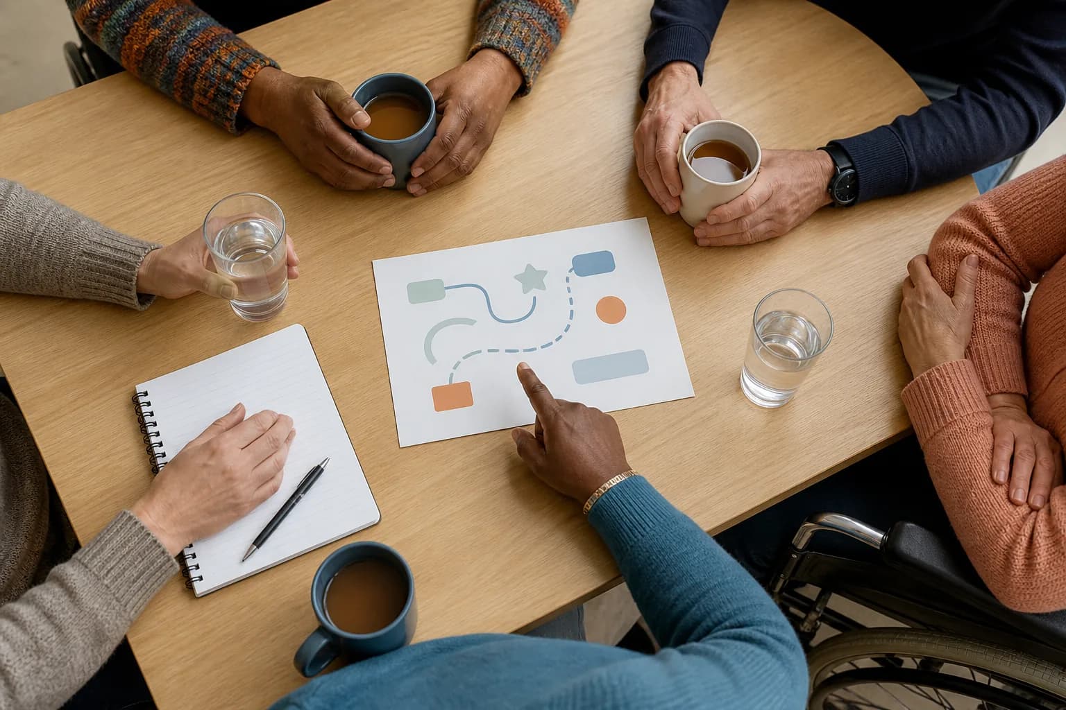 Hands gathered around a community support table with a route sheet, notebooks and refreshments