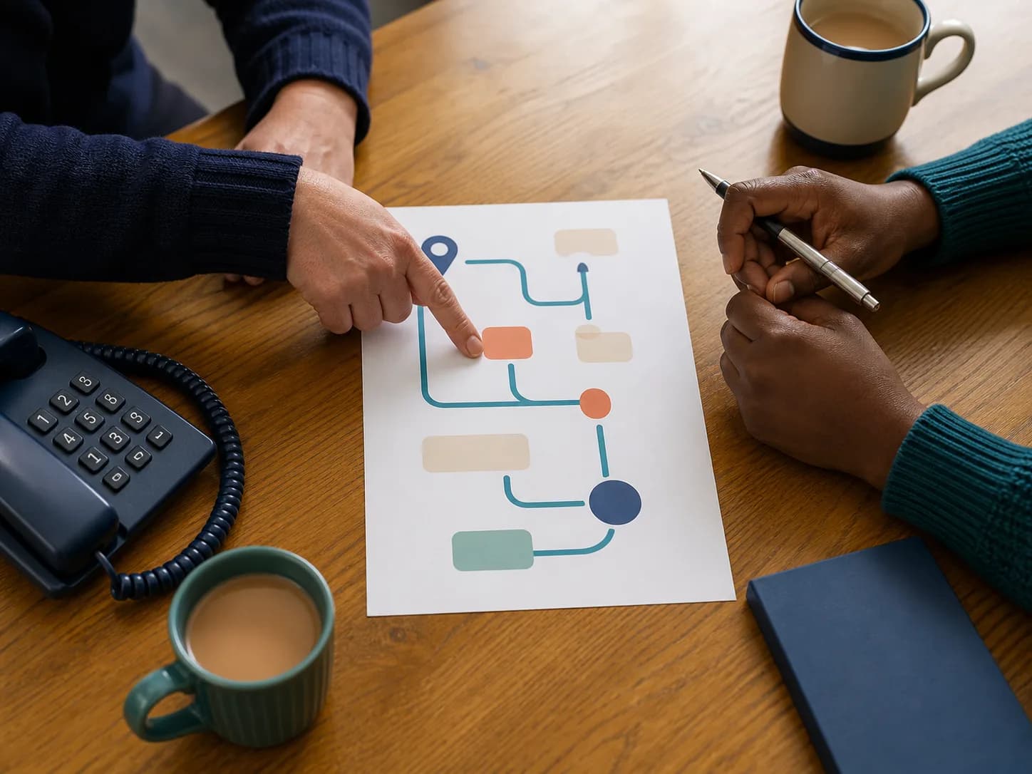 Two people reviewing a simple support route with a phone, notebook and refreshments nearby